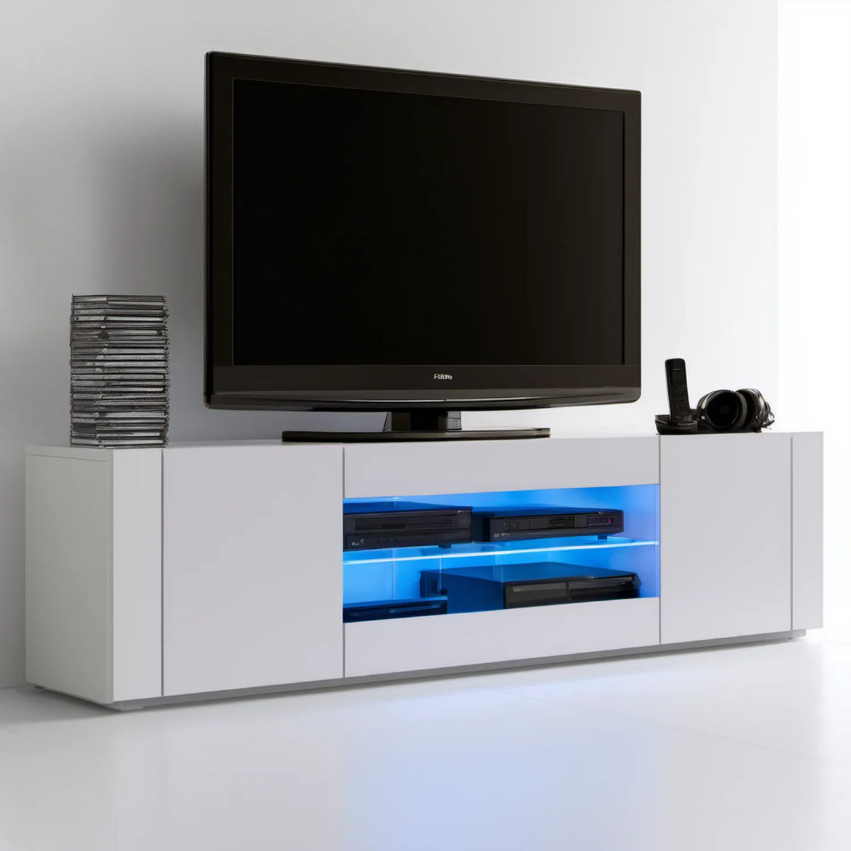 Biała szafka RTV 180 × 40 × 45 cm z oświetleniem LED
