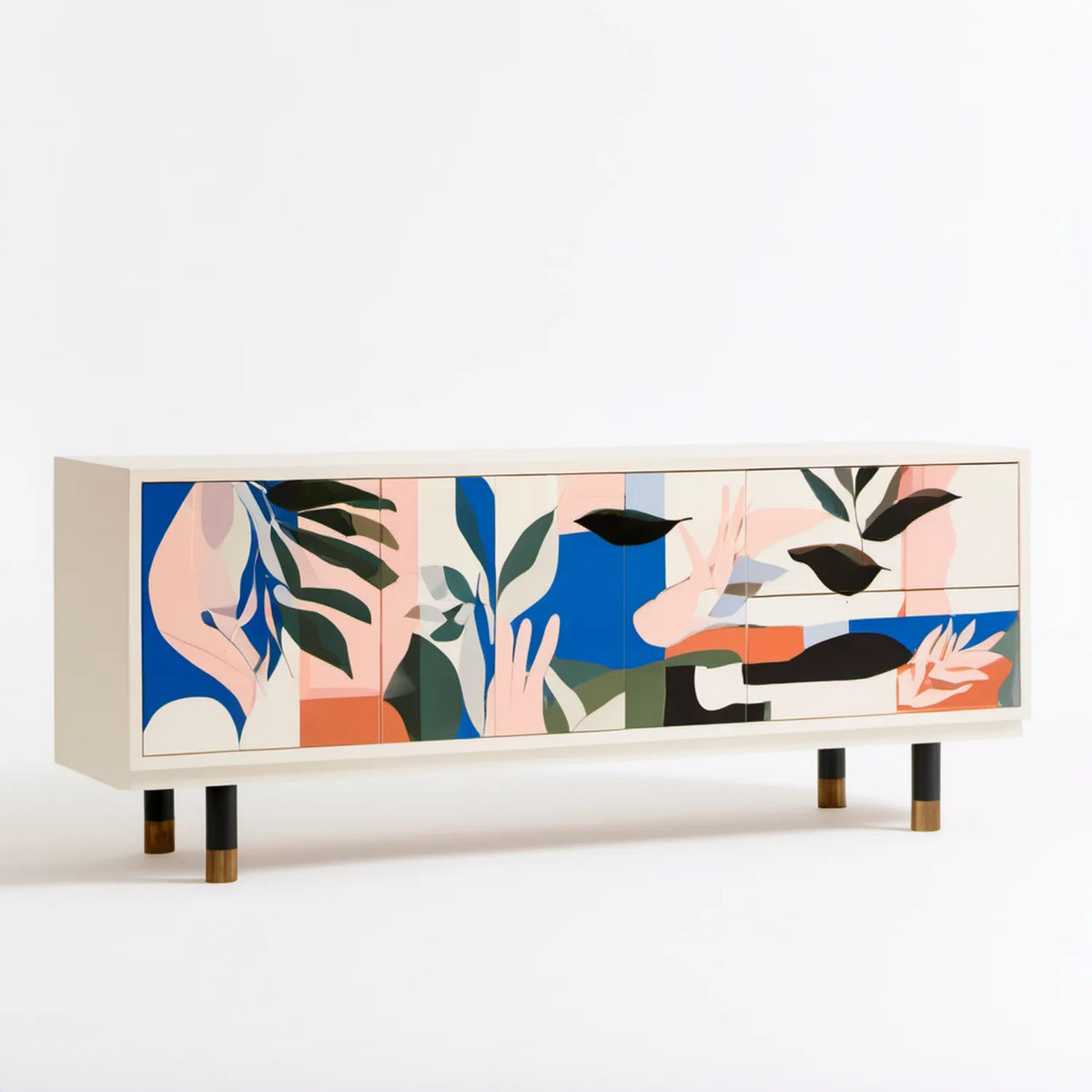 Biała szafka RTV z wielobarwnym nadrukiem roślinnym, 180 x 40 x 75 cm, MDF