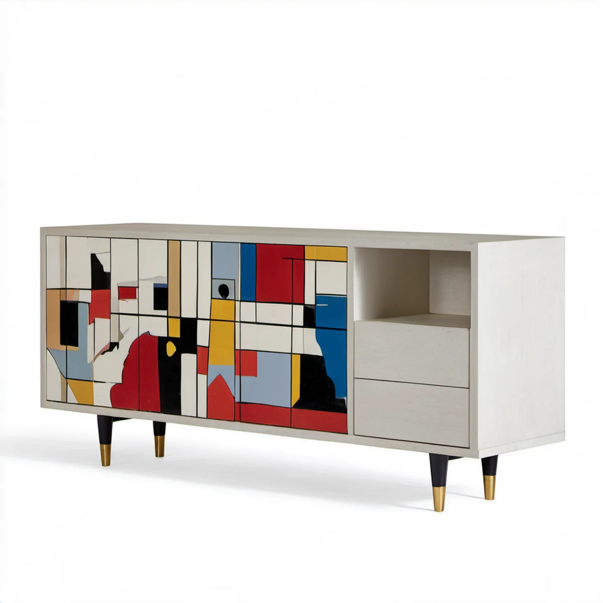 Biała komoda 160 x 40 x 75 cm z geometrycznym frontem i złotymi detalami