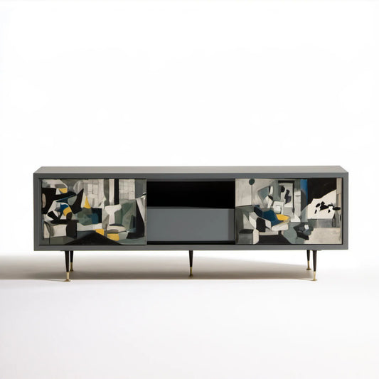 Czarna szafka RTV z abstrakcyjnym nadrukiem 180 x 40 x 65 cm z płyty MDF