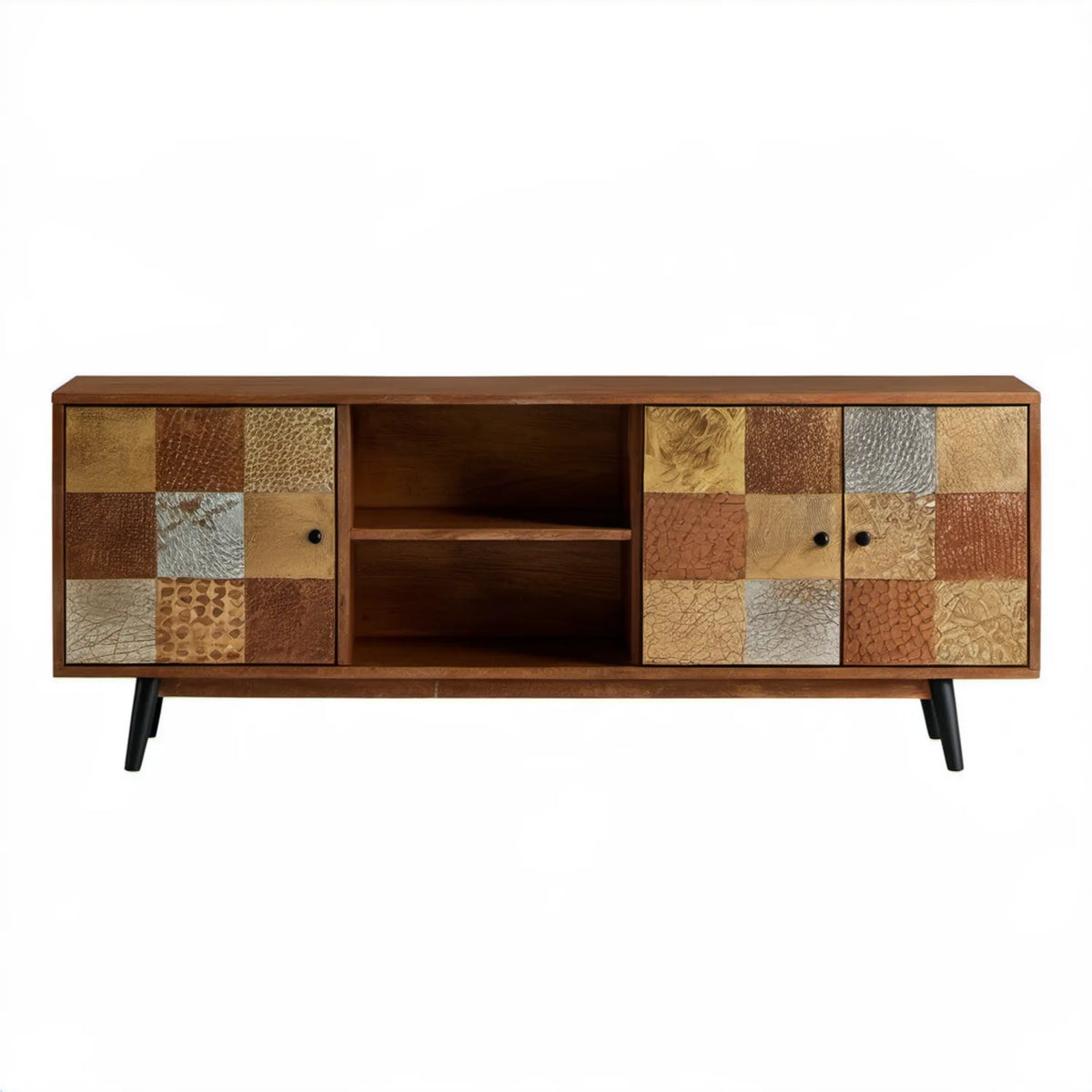 Szafka RTV z litego drewna mango 140 x 40 x 55 cm Brązowy/Złoty/Srebrny/Czarny