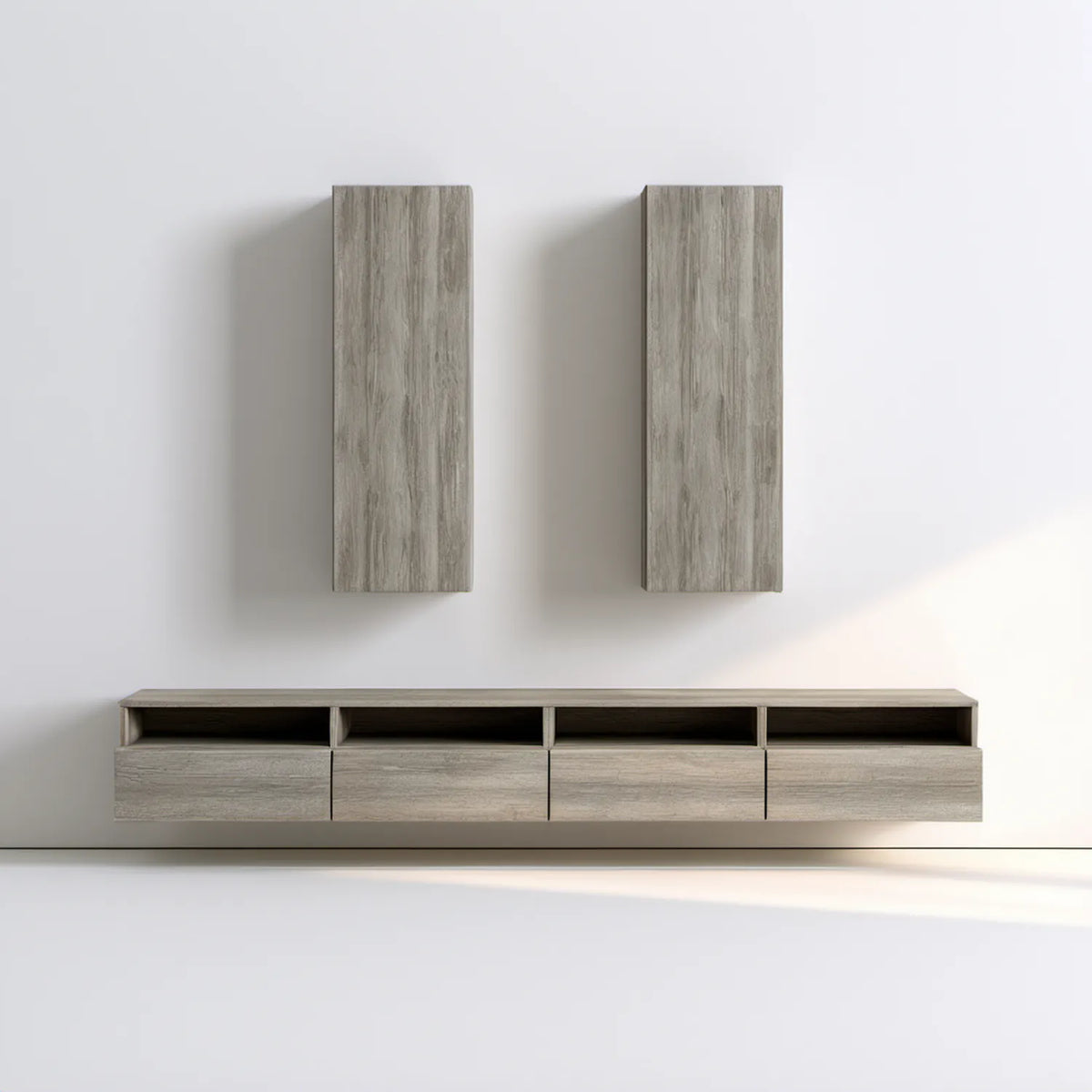 Wiszący zestaw mebli do salonu w kolorze szarego dębu, dolny element 240 × 35 × 40 cm i 2 szafki 40 × 30 × 100 cm