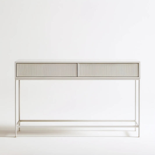 Kremowe biurko metalowe z 2 przesuwnymi, ryflowanymi frontami, 120 x 50 x 75 cm