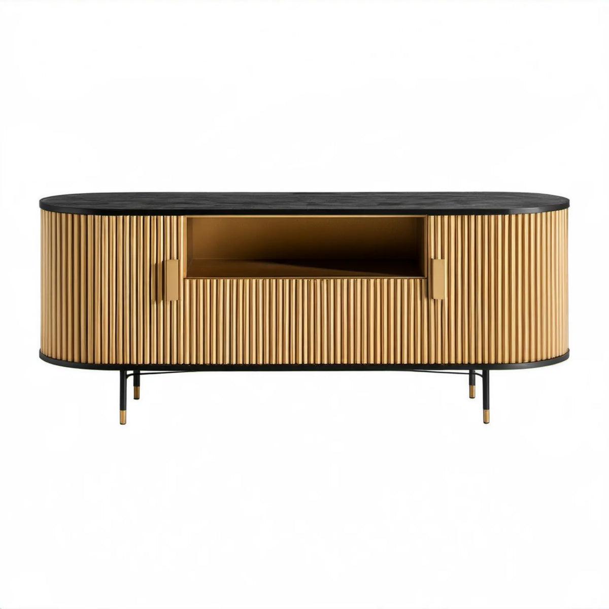 Owalna szafka RTV złoto-czarna 160 x 40 x 55 cm z ryflowanym frontem